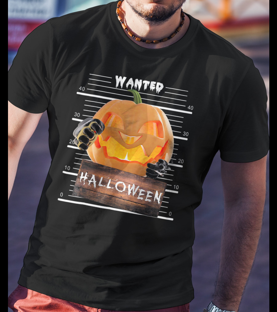 Wanted Halloween Pumpkin Mugshot Funny T-Shirt
