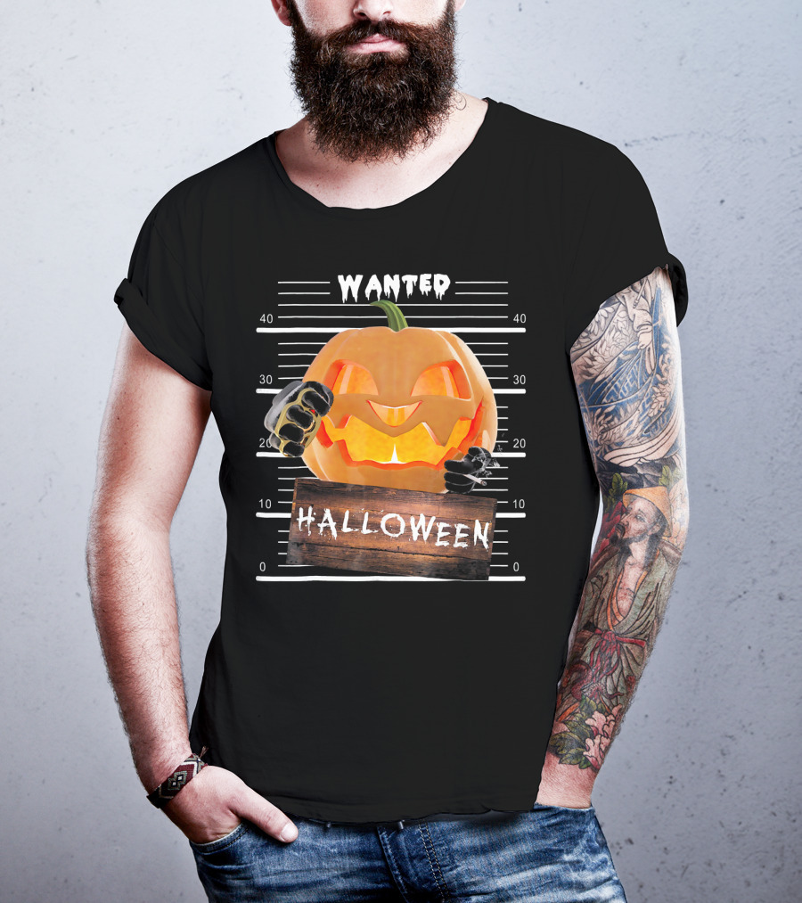 Wanted Halloween Pumpkin Mugshot Funny T-Shirt