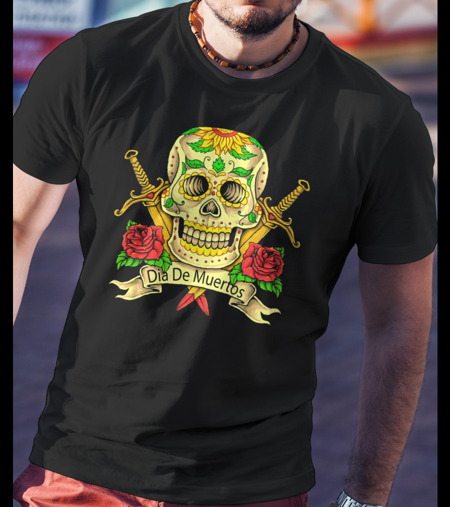 Dia De Muertos Skull With Roses And Swords Celebrating Day Of The Dead T-Shirt