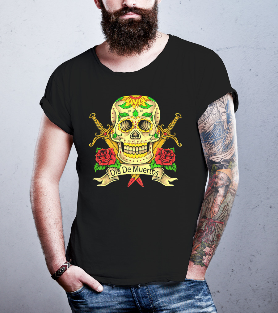 Dia De Muertos Skull With Roses And Swords Celebrating Day Of The Dead T-Shirt