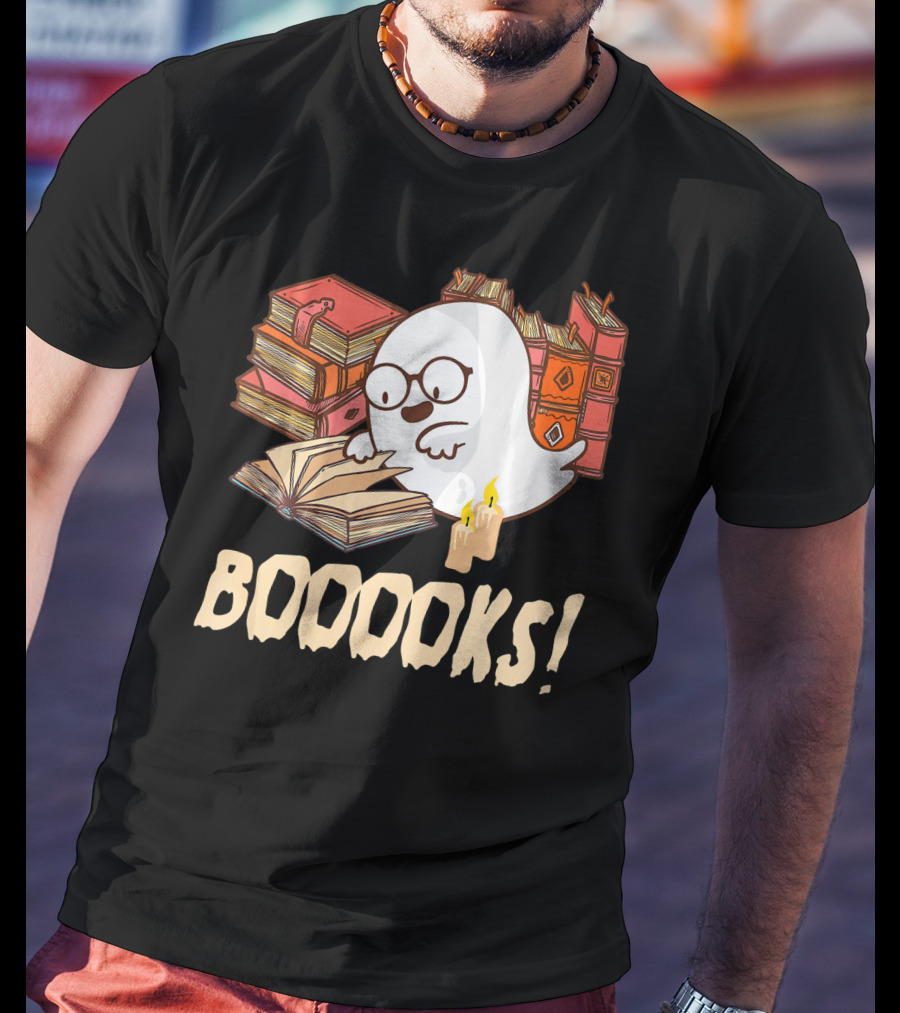 BOOOOKS Cute Reading Boo Ghost With Stacks Of Books And Candles T-Shirt