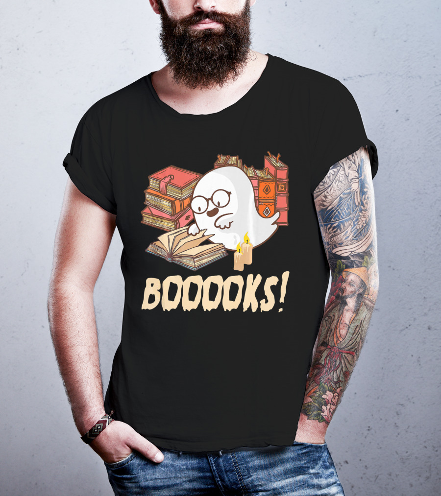 BOOOOKS Cute Reading Boo Ghost With Stacks Of Books And Candles T-Shirt
