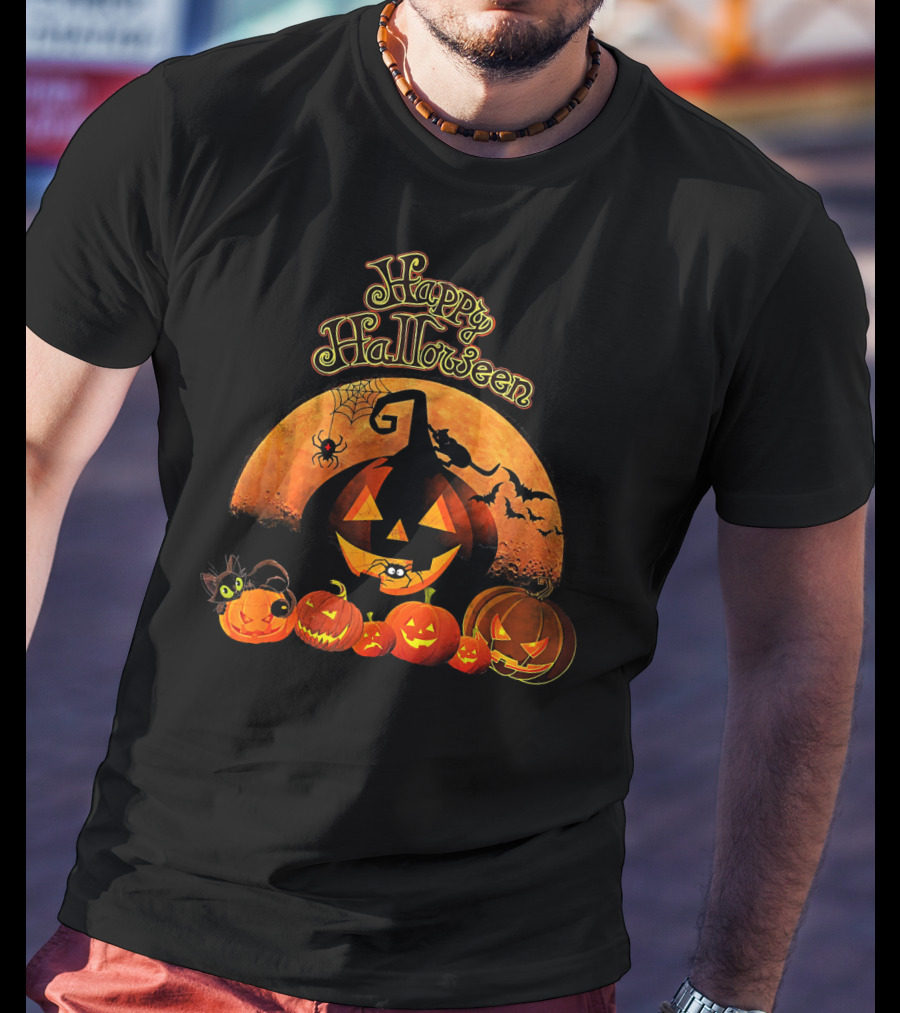 Happy Halloween Pumpkin Black Cat Witch Spider Bats T-Shirt