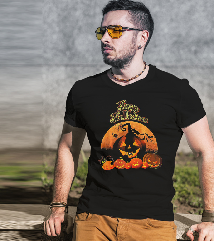 Happy Halloween Pumpkin Black Cat Witch Spider Bats T-Shirt