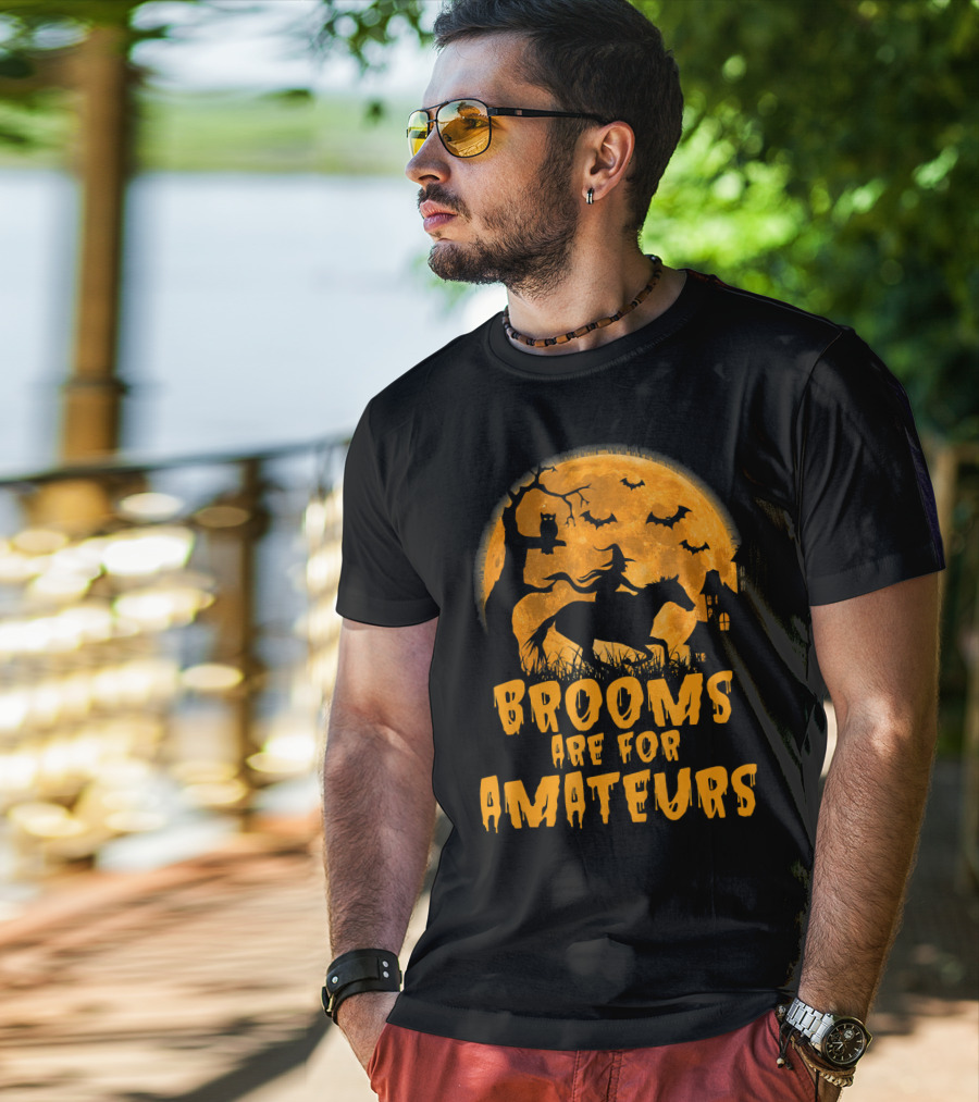 Brooms Are For Amateurs Witch Riding Horse Halloween Moon Bats T-Shirt