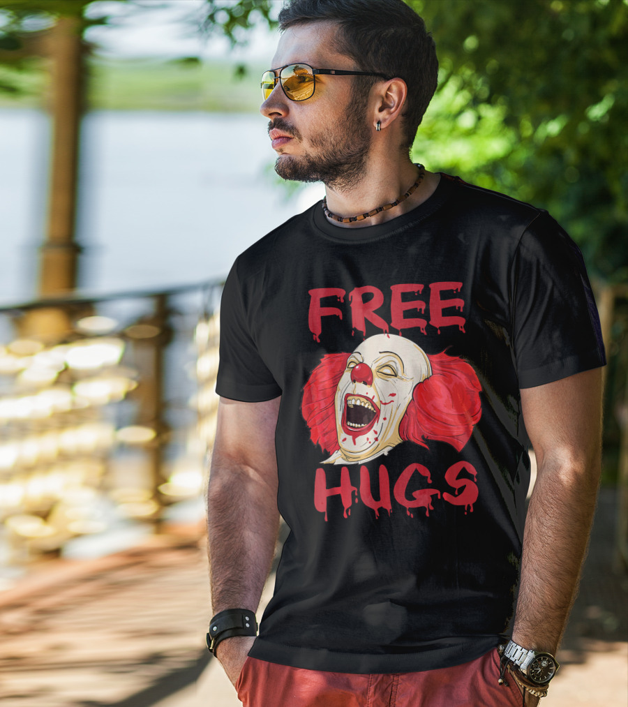 Free Hugs Evil Killer Scary Clown Costume Blood Red Horror T-Shirt