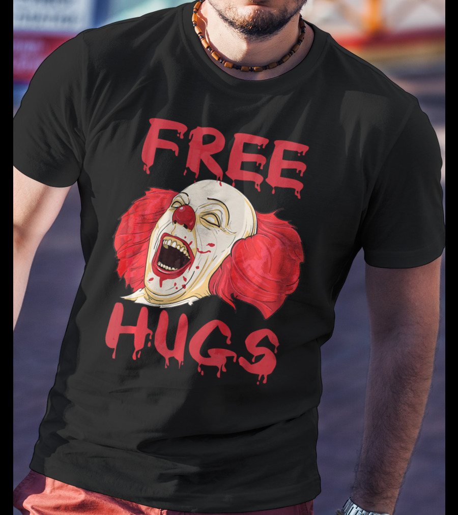 Free Hugs Evil Killer Scary Clown Costume Blood Red Horror T-Shirt