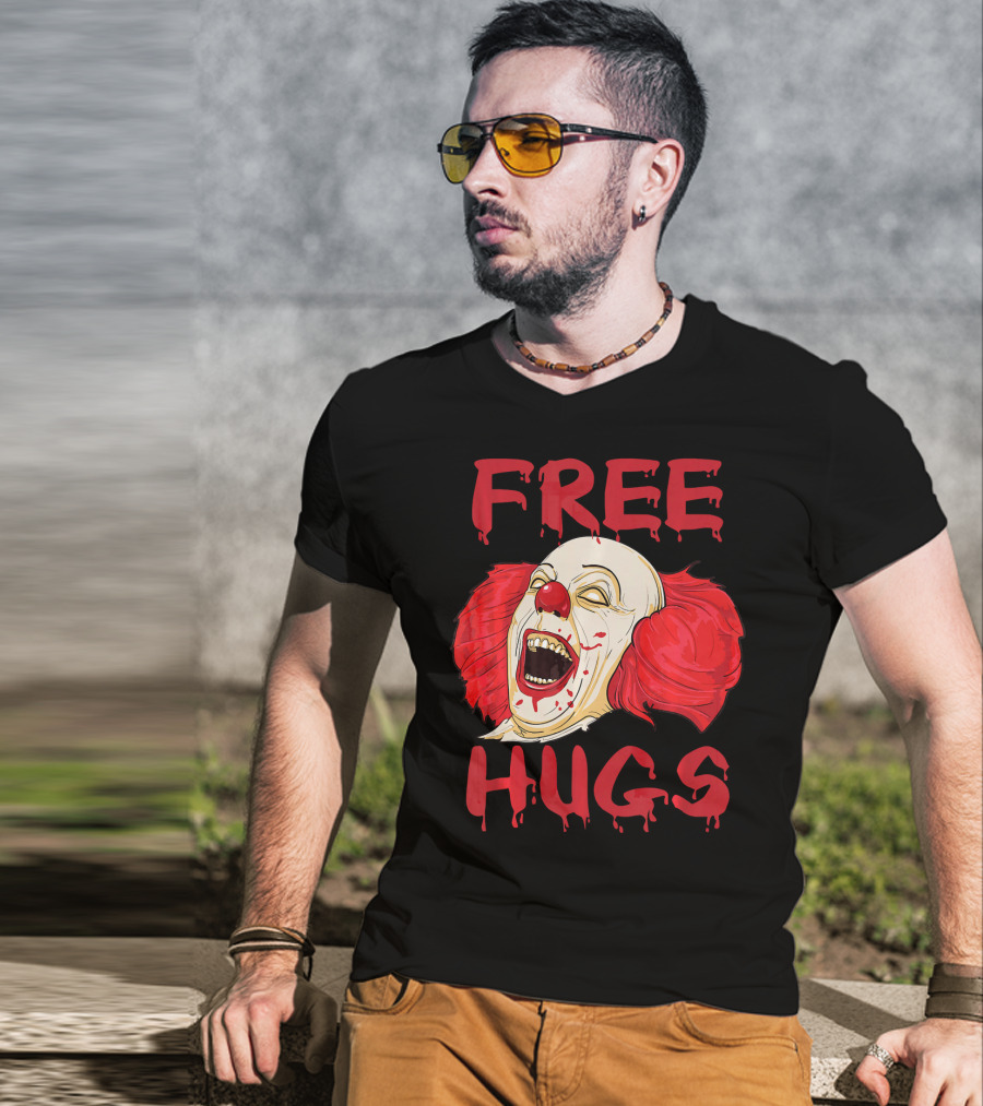 Free Hugs Evil Killer Scary Clown Costume Blood Red Horror T-Shirt