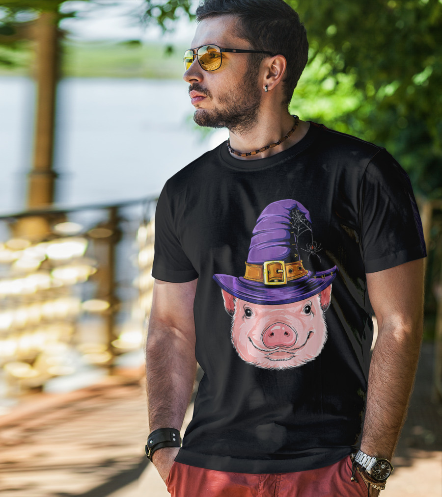 Pig In Witch Hat With Spider And Web Halloween T-Shirt