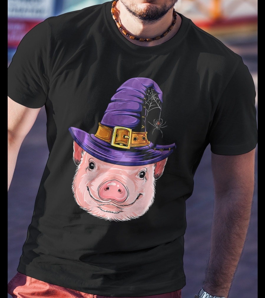 Pig In Witch Hat With Spider And Web Halloween T-Shirt