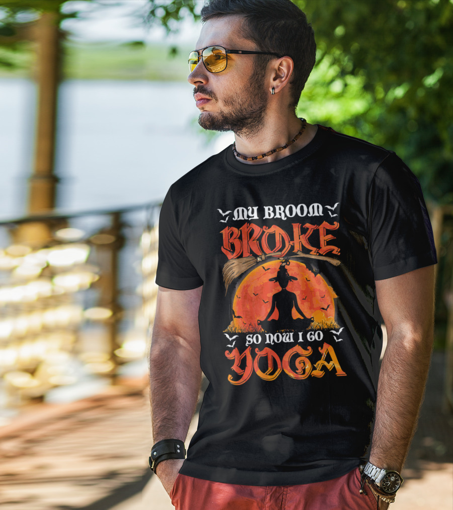 My Broom Broke So Now I Go Yoga Halloween Moon Meditation Bats T-Shirt