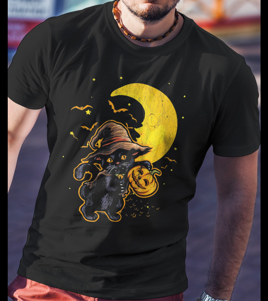 Halloween Black Cat Witch With Pumpkin Under Moon And Bats T-Shirt