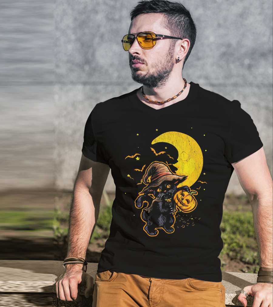 Halloween Black Cat Witch With Pumpkin Under Moon And Bats T-Shirt