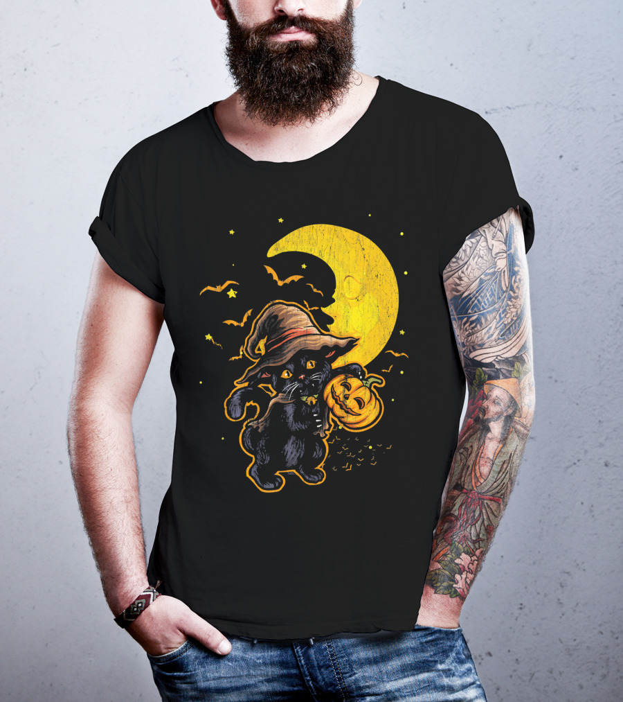Halloween Black Cat Witch With Pumpkin Under Moon And Bats T-Shirt