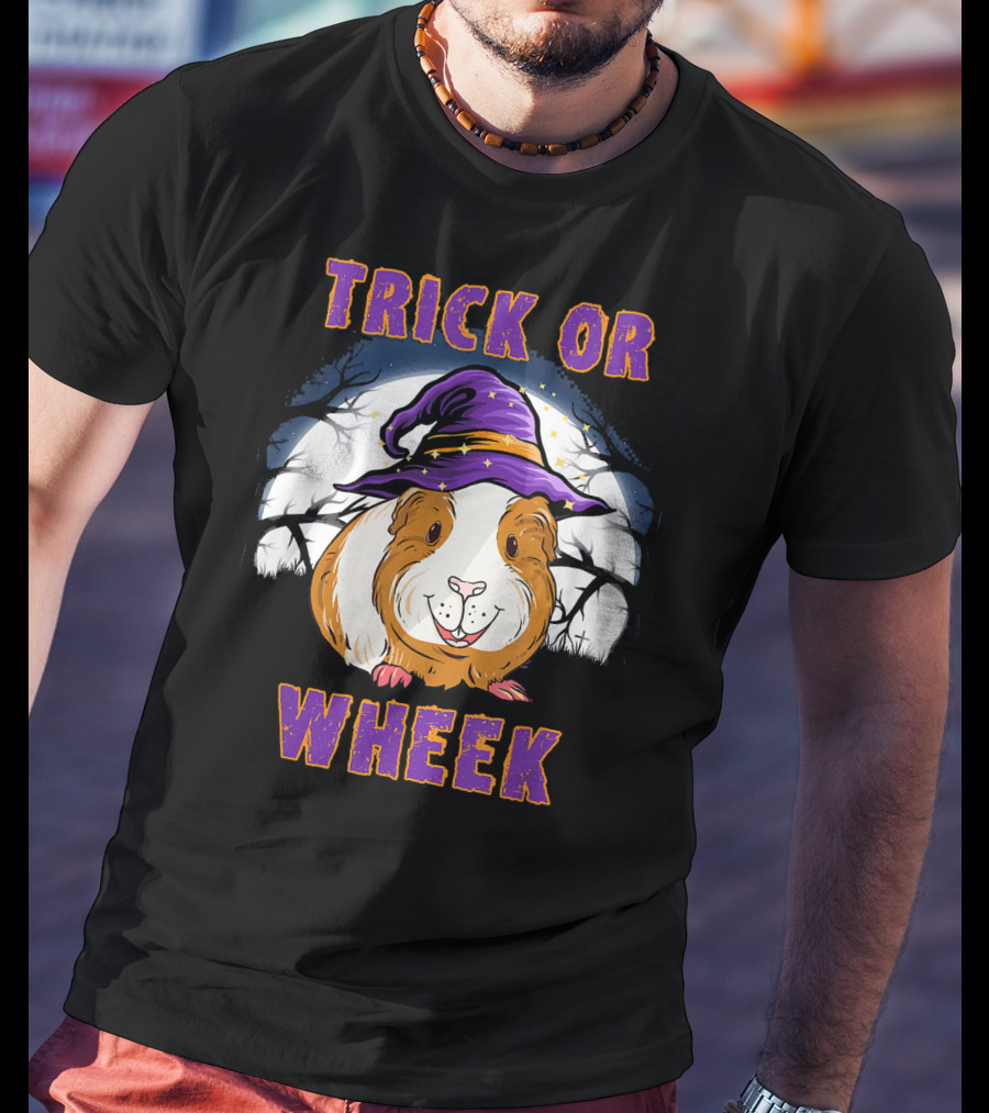 Trick Or Wheek Halloween Guinea Pig With Witch Hat And Moon Background T-Shirt