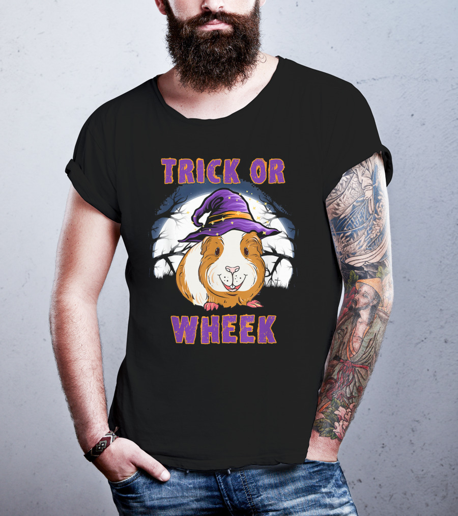 Trick Or Wheek Halloween Guinea Pig With Witch Hat And Moon Background T-Shirt