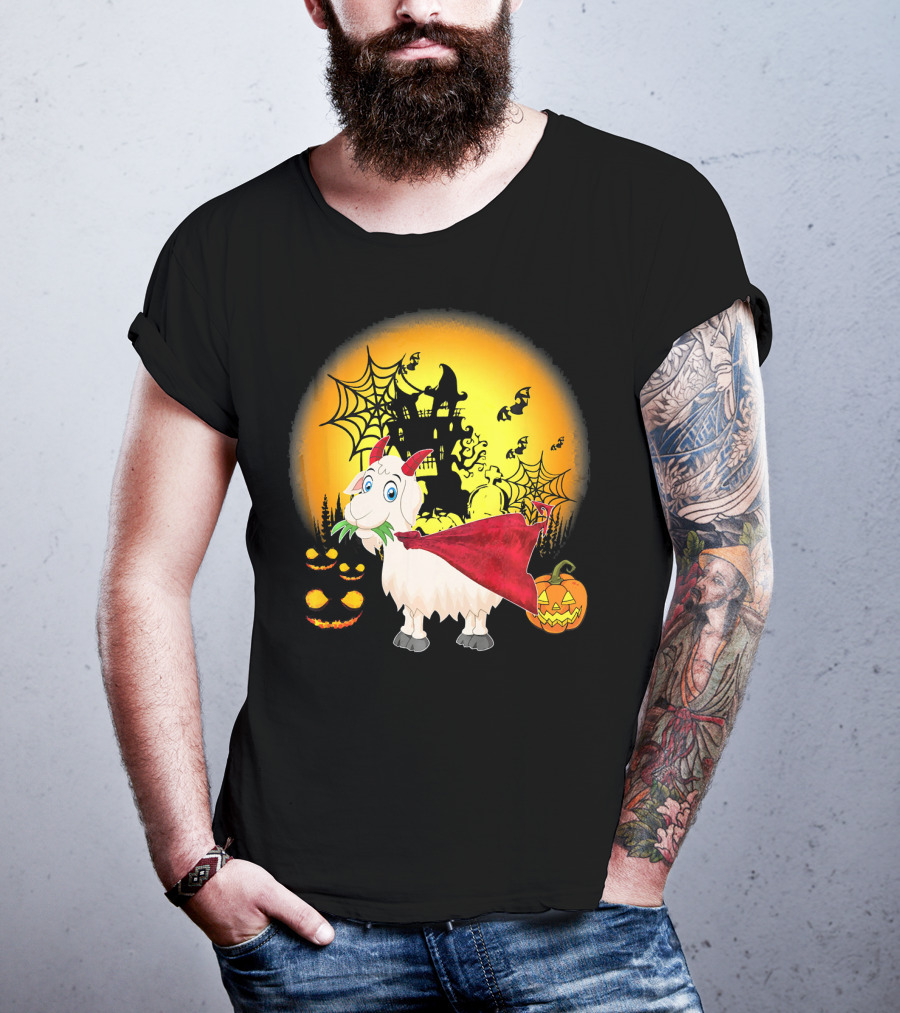 Funny Goat Halloween Cape Haunted House Pumpkins Spooky Night T-Shirt