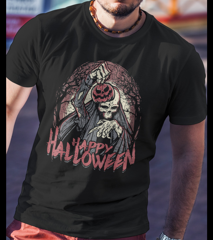 Halloween Scary Zombie Skeleton With Pumpkin Head T-Shirt