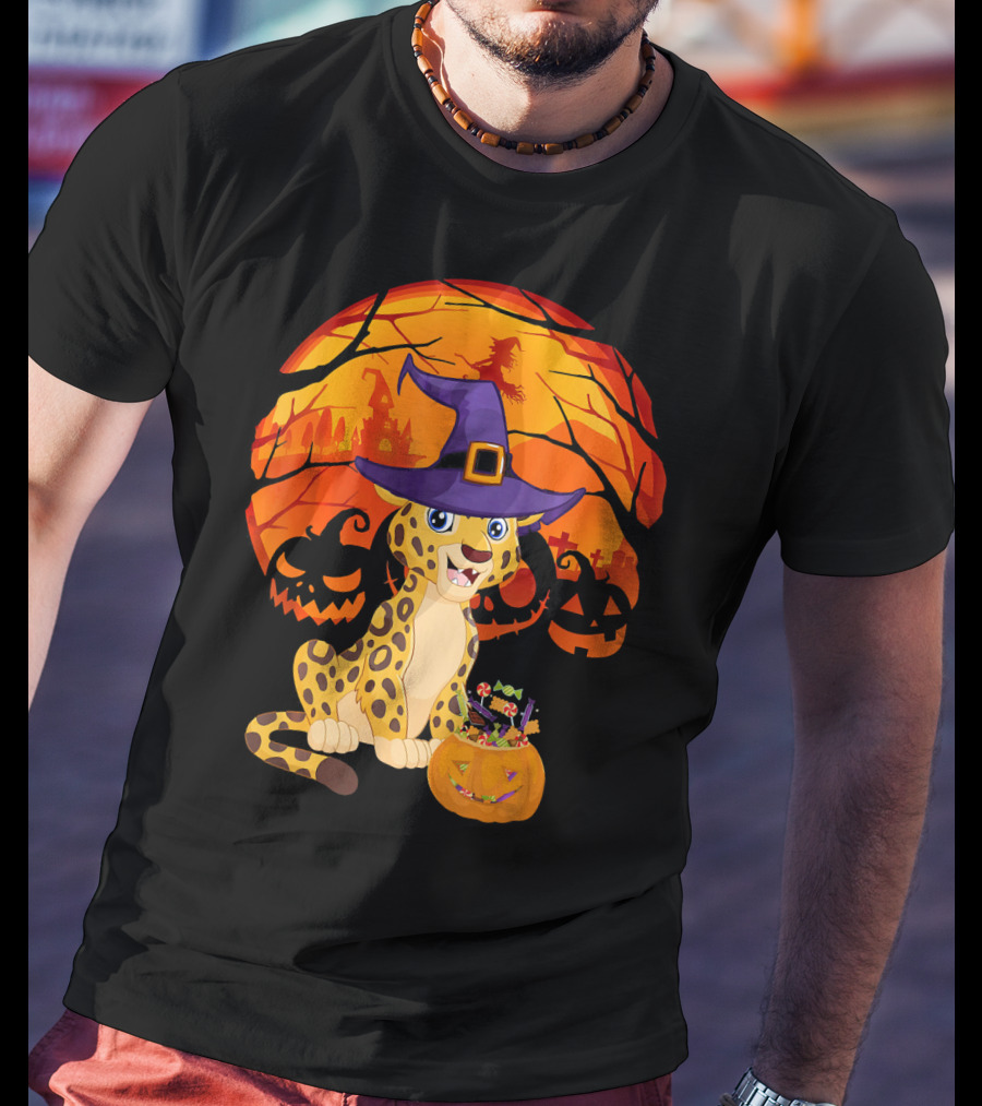 Halloween Costume Leo Witch Hat Leopard Jack-o'-Lantern Moon Shadows T-Shirt