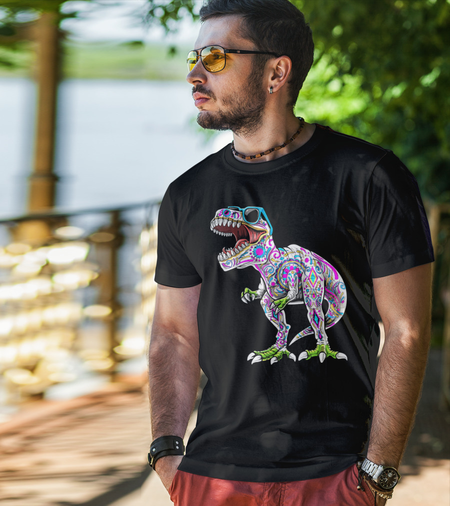 Day Of The Dead Dia De Los Muertos T-Rex Dinosaur With Sunglasses T-Shirt