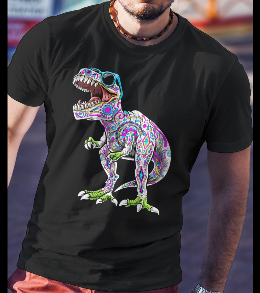Day Of The Dead Dia De Los Muertos T-Rex Dinosaur With Sunglasses T-Shirt