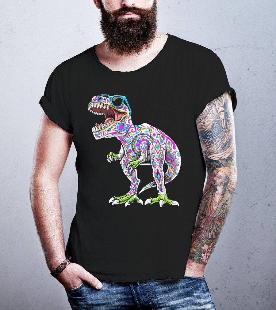 Day Of The Dead Dia De Los Muertos T-Rex Dinosaur With Sunglasses T-Shirt