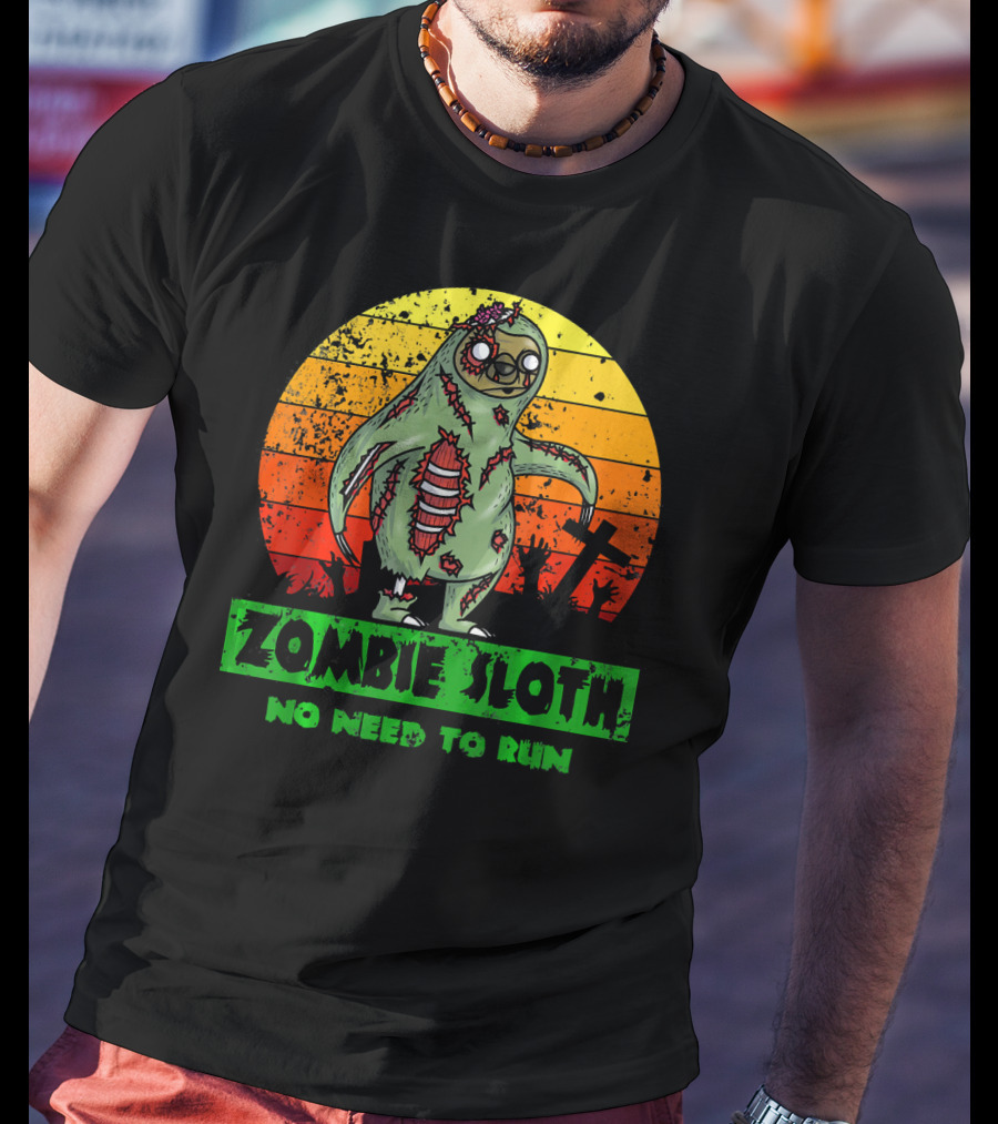 Zombie Sloth No Need To Run Sunset Cemetery Background T-Shirt