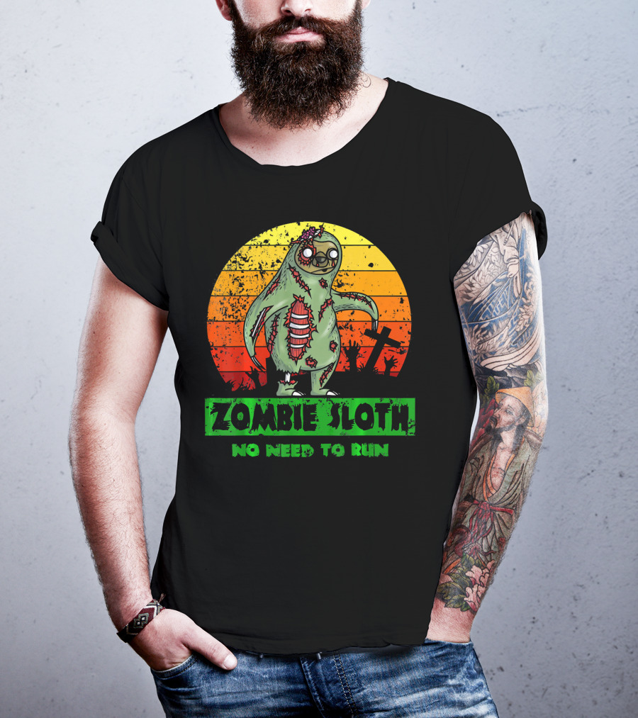 Zombie Sloth No Need To Run Sunset Cemetery Background T-Shirt