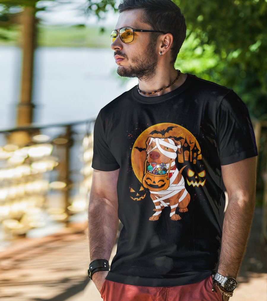 Funny Halloween Mummy Pitbull Boo Dog With Pumpkin Candy And Scary Moon T-Shirt