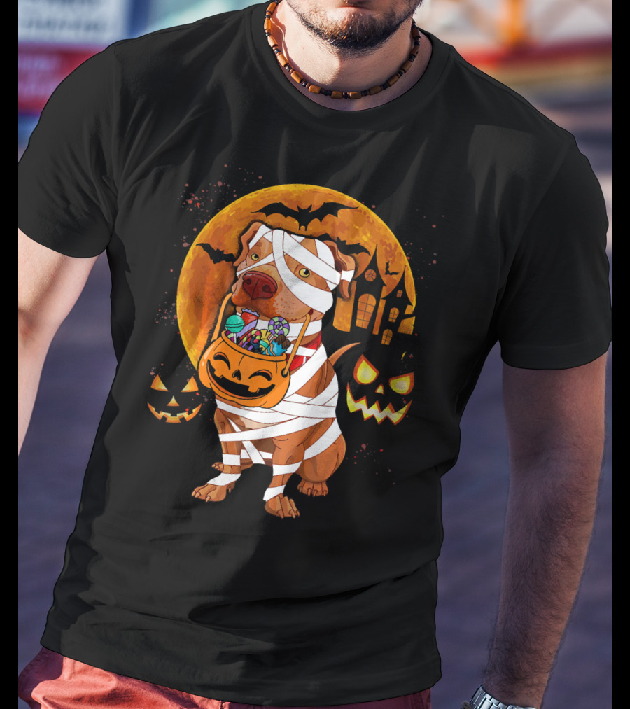 Funny Halloween Mummy Pitbull Boo Dog With Pumpkin Candy And Scary Moon T-Shirt