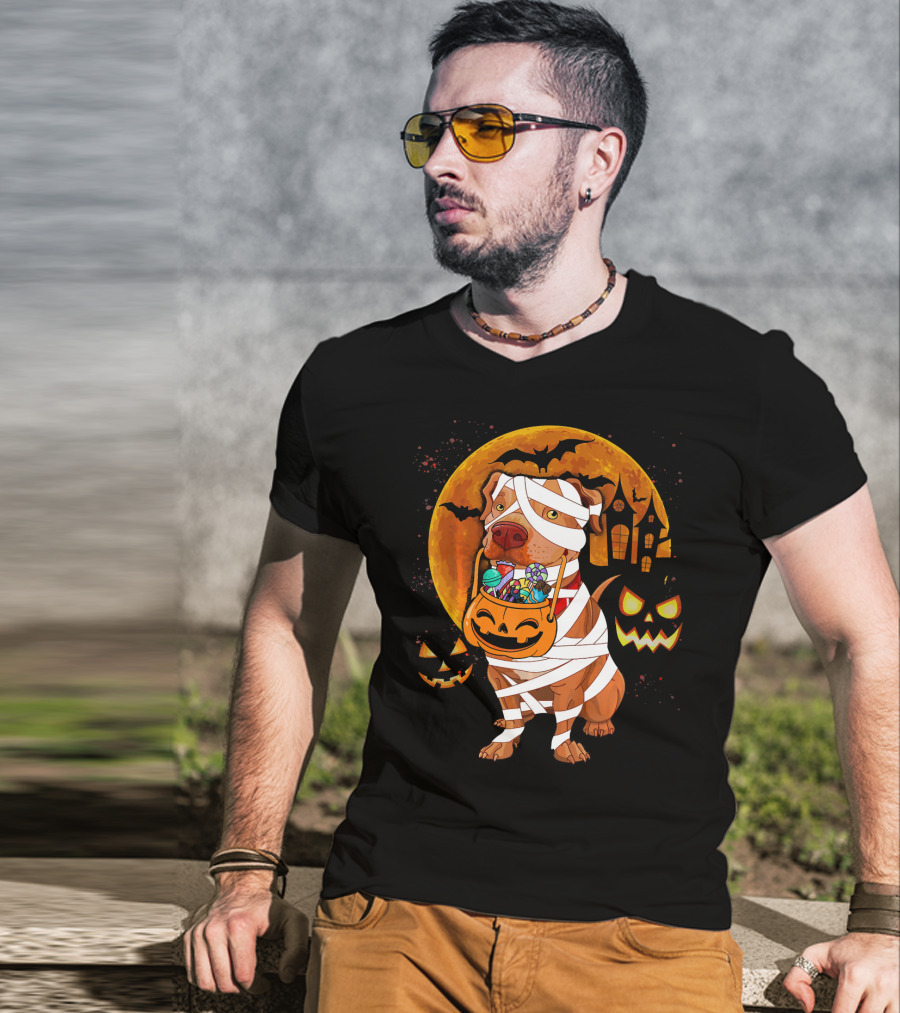 Funny Halloween Mummy Pitbull Boo Dog With Pumpkin Candy And Scary Moon T-Shirt