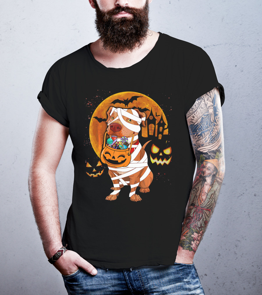 Funny Halloween Mummy Pitbull Boo Dog With Pumpkin Candy And Scary Moon T-Shirt