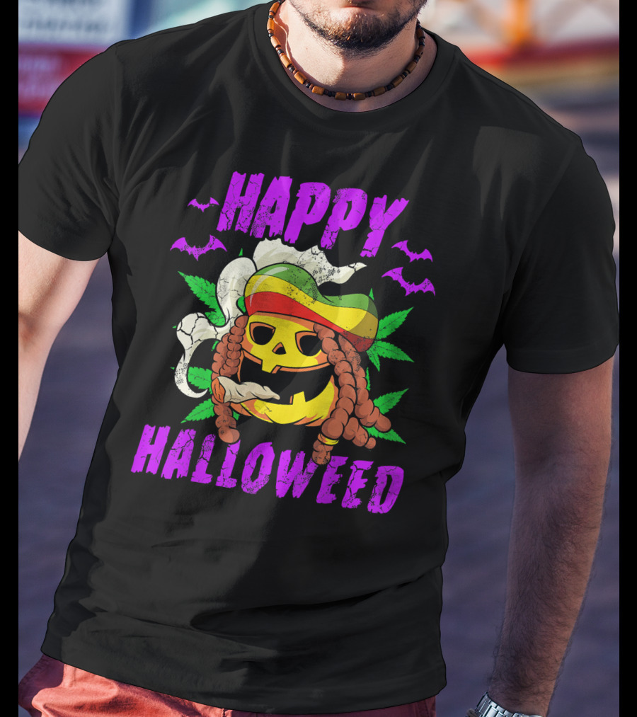 Happy Halloweed Rasta Pumpkin Smoking Weed With Bats And Jamaican Colors T-Shirt