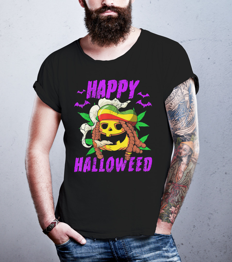 Happy Halloweed Rasta Pumpkin Smoking Weed With Bats And Jamaican Colors T-Shirt