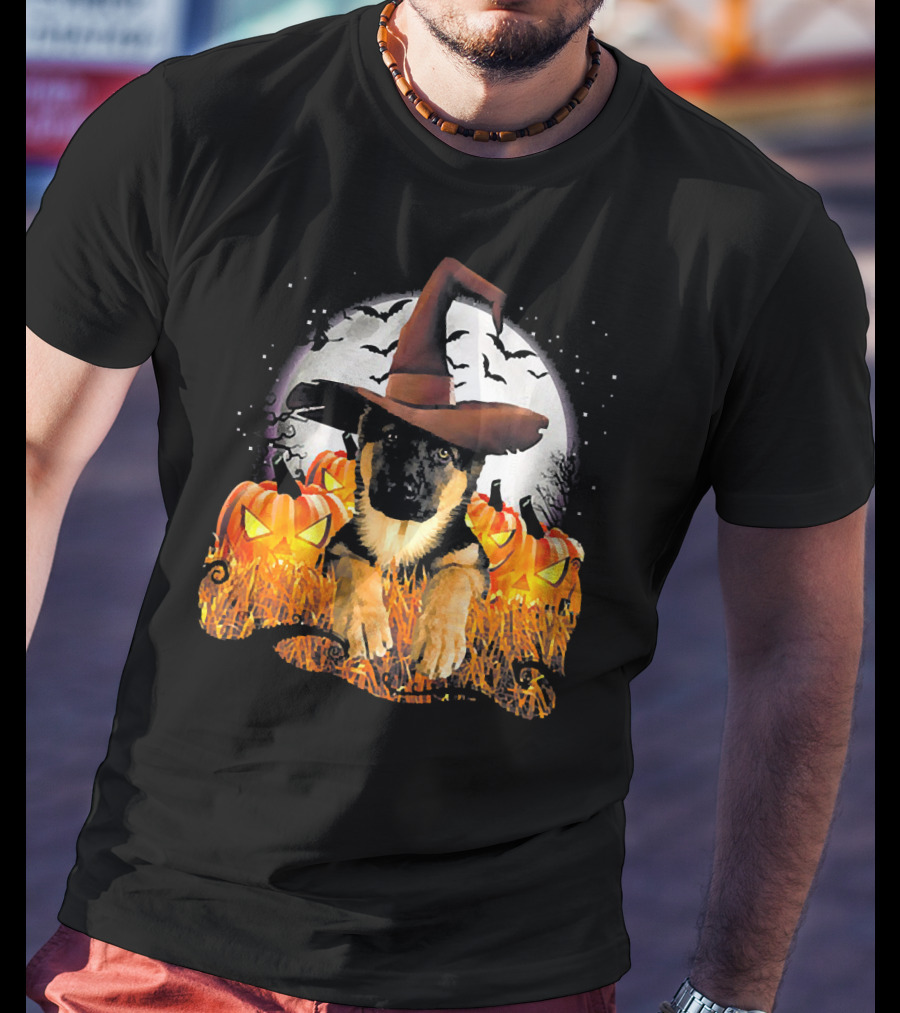 German Shepherd Witch Hat Pumpkins Halloween Moon Bats T-Shirt