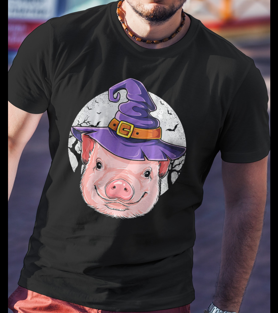 Pig Wearing Purple Witch Hat With Spooky Full Moon And Bats T-Shirt