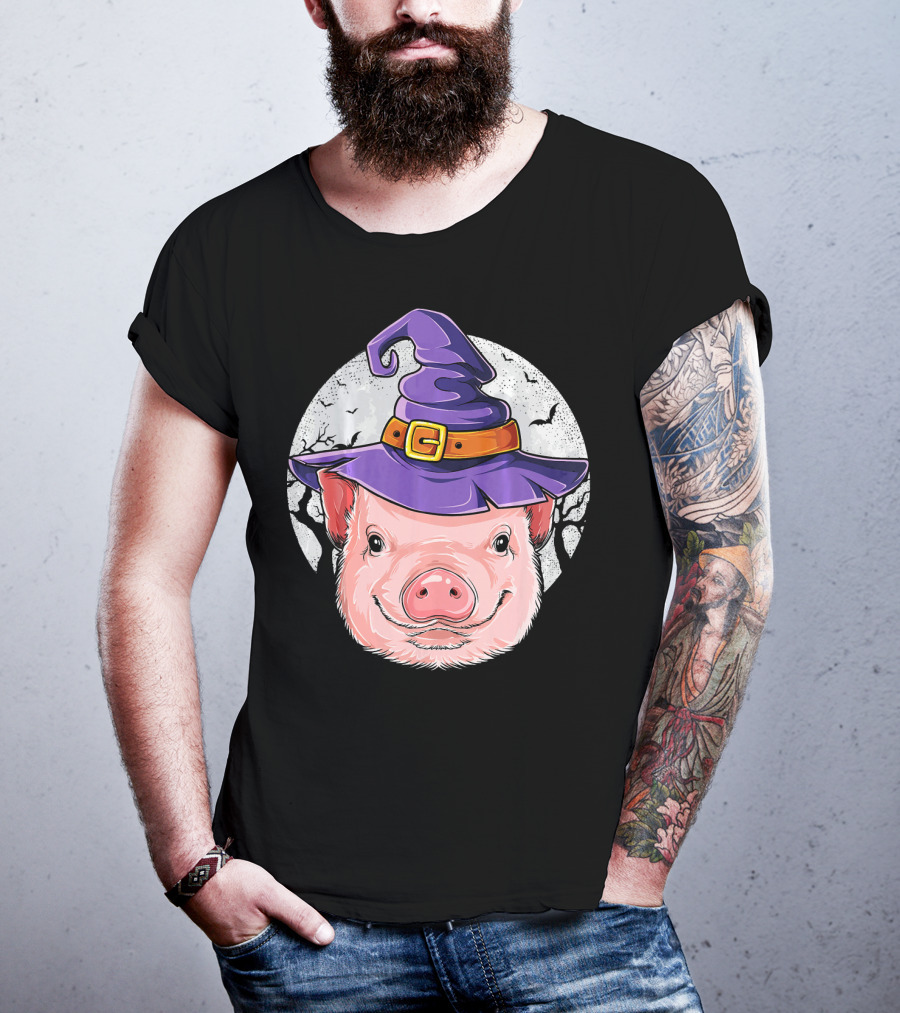 Pig Wearing Purple Witch Hat With Spooky Full Moon And Bats T-Shirt