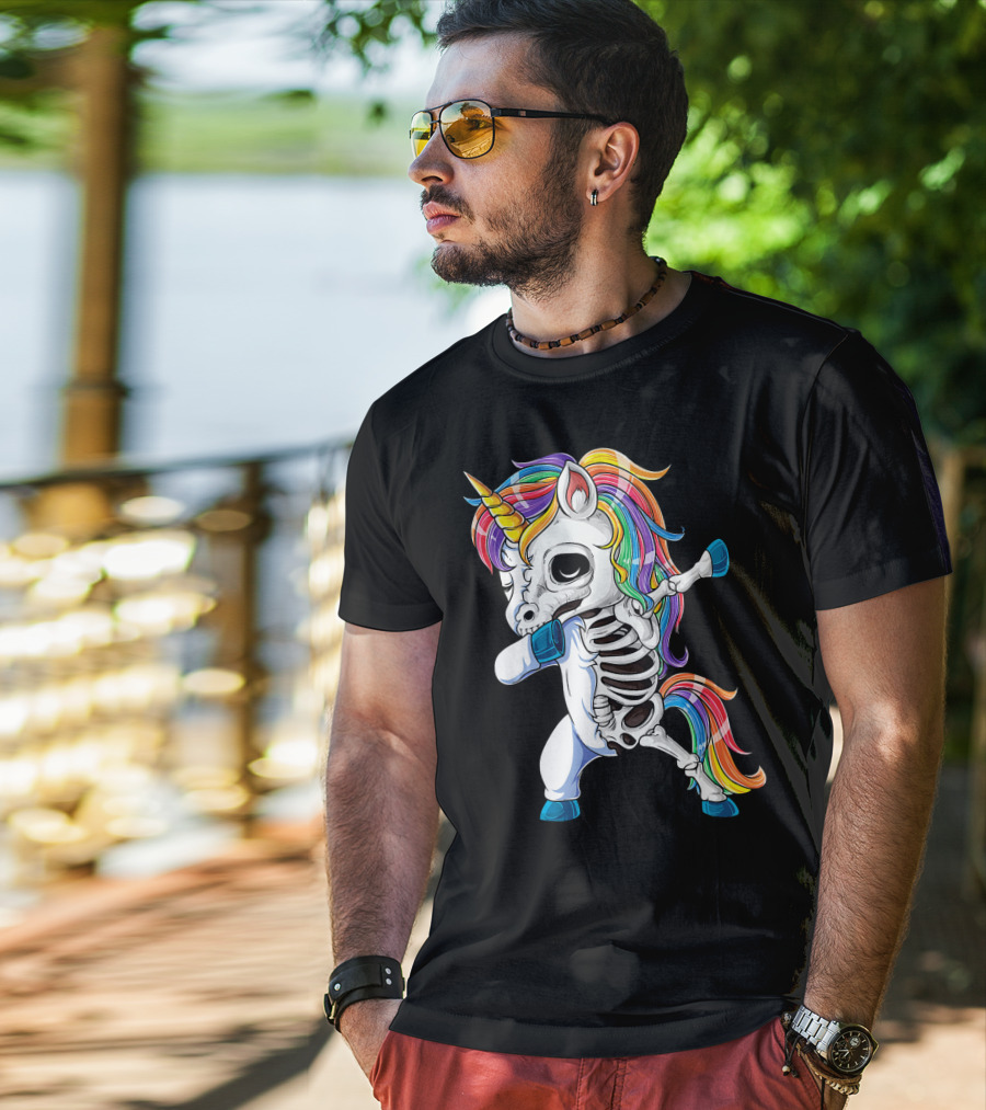 Dabbing Rainbow Skeleton Unicorn T-Shirt