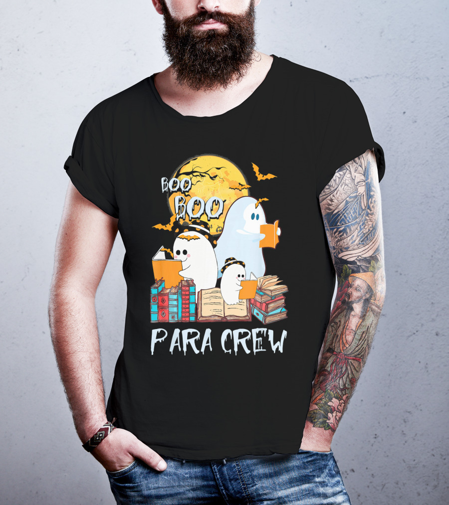 Boo Boo Para Crew Paraprofessional Ghost Reading By Moonlight With Books And Bats T-Shirt