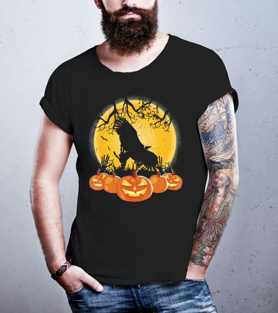 Vulture Silhouette With Pumpkins And Full Moon Halloween Scene T-Shirt