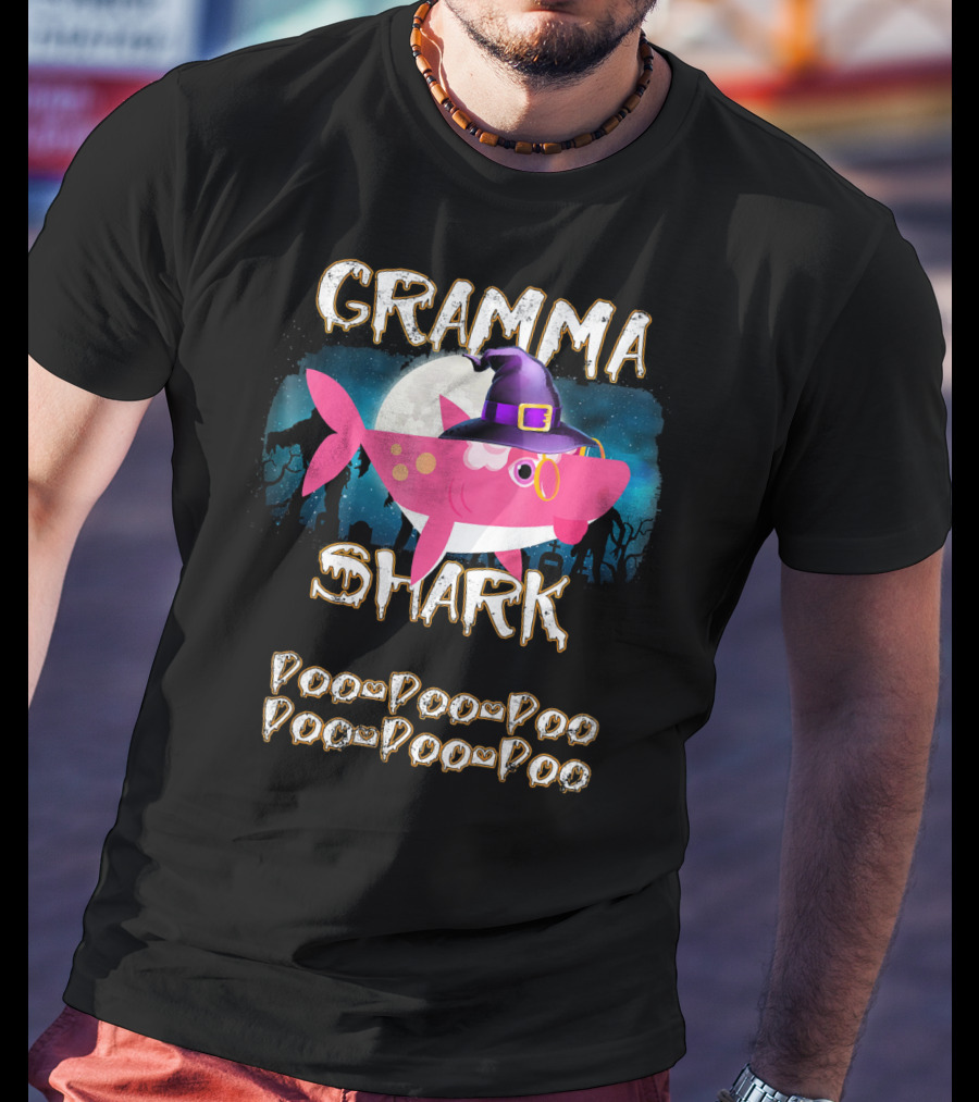 Gramma Shark Doo Doo Doo Halloween Witch Hat And Moon Background T-Shirt