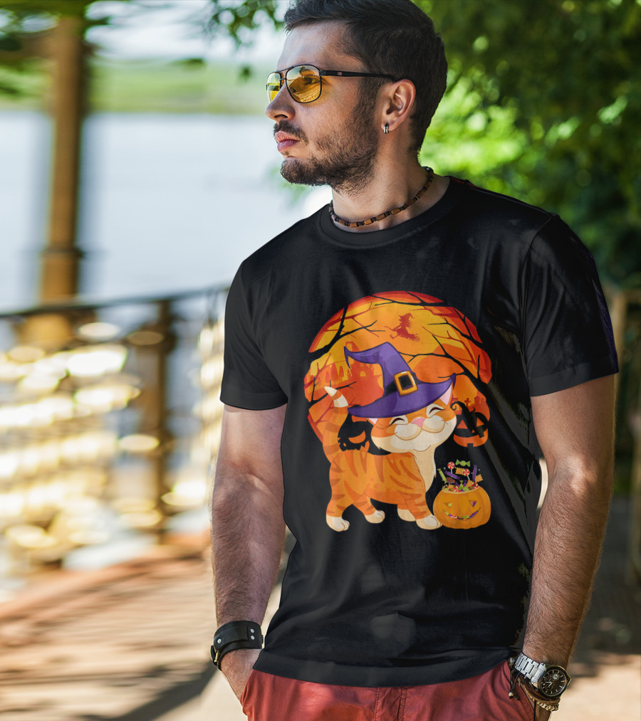 Halloween Costume Cat Witch Hat Happy Pumpkin Moon Scene T-Shirt
