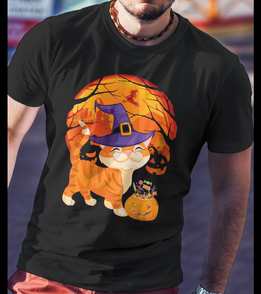 Halloween Costume Cat Witch Hat Happy Pumpkin Moon Scene T-Shirt