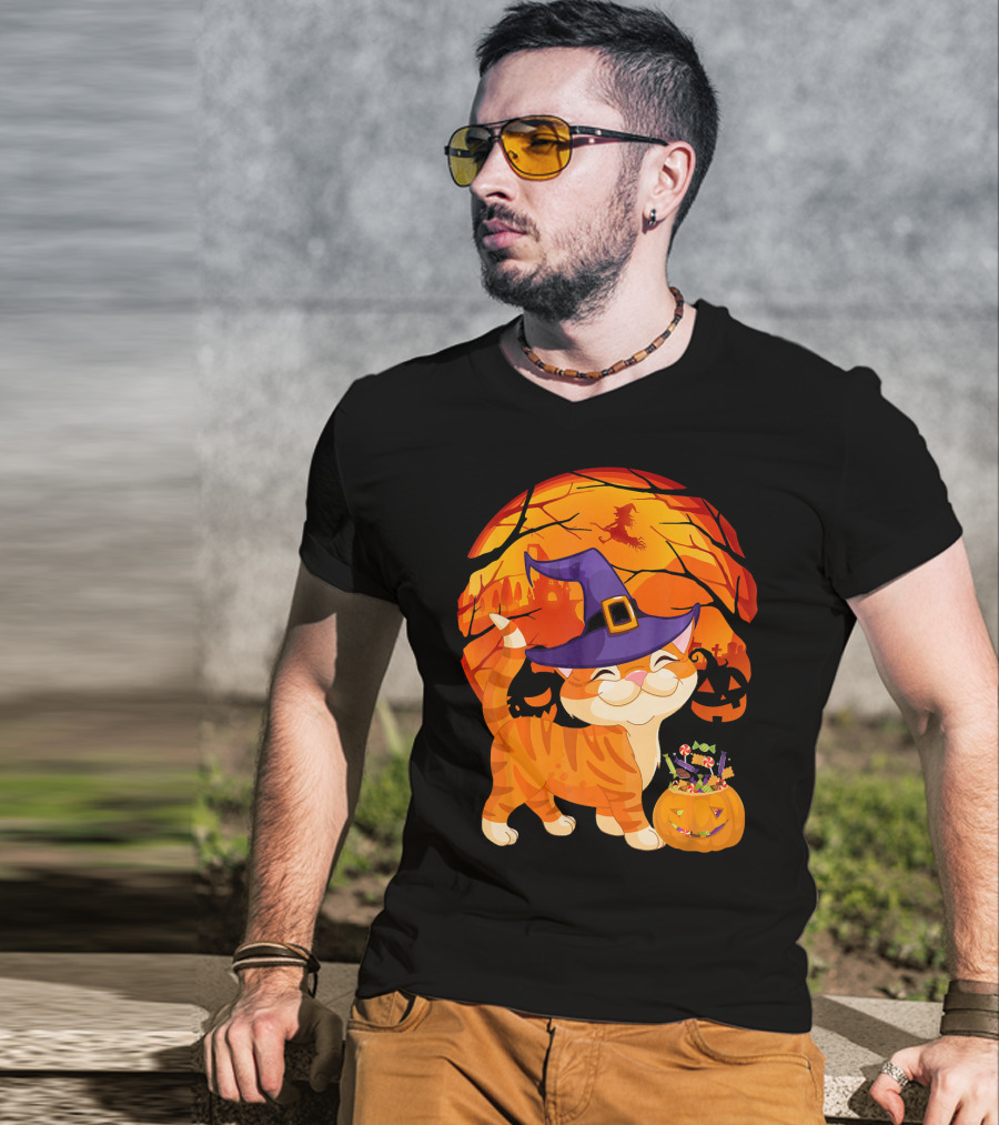 Halloween Costume Cat Witch Hat Happy Pumpkin Moon Scene T-Shirt