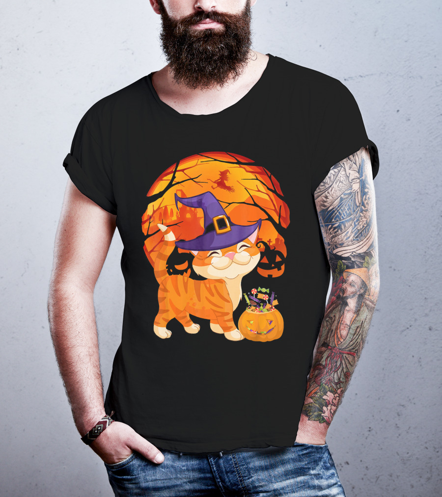 Halloween Costume Cat Witch Hat Happy Pumpkin Moon Scene T-Shirt