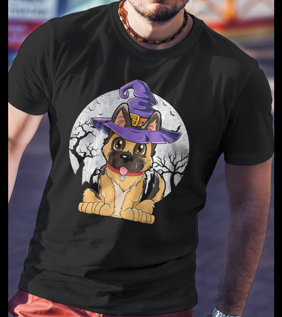 German Shepherd Witch Halloween Moon Background T-Shirt