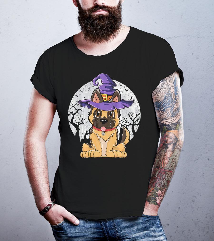 German Shepherd Witch Halloween Moon Background T-Shirt