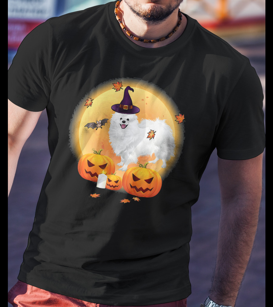 Halloween American Eskimo Dog With Pumpkins And Witch Hat T-Shirt