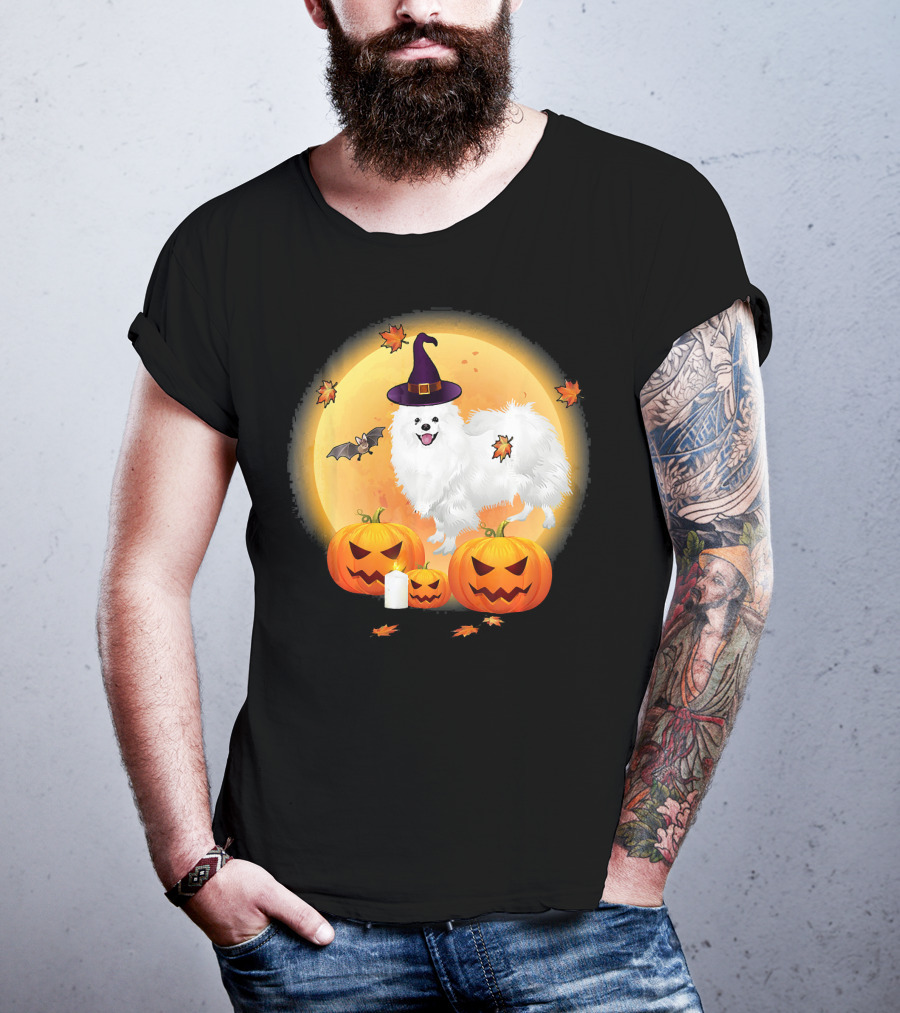 Halloween American Eskimo Dog With Pumpkins And Witch Hat T-Shirt