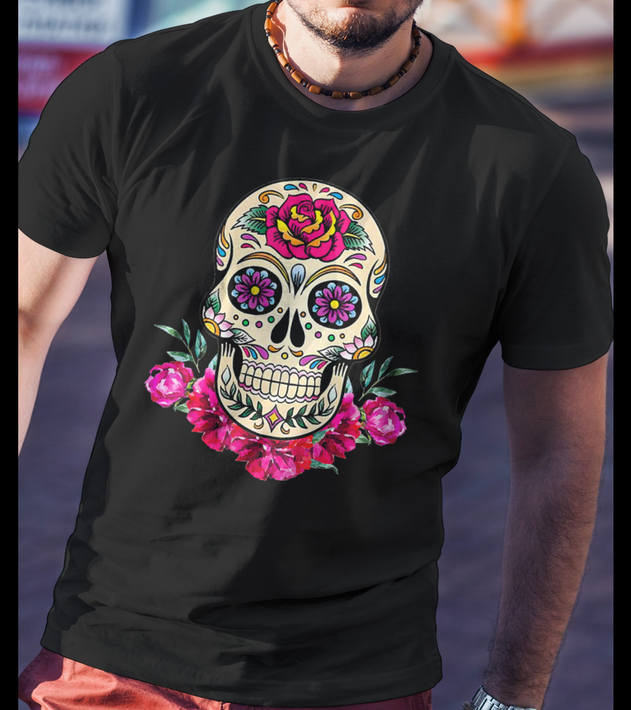 Day Of The Dead Sugar Skull With Vibrant Floral Accents T-Shirt